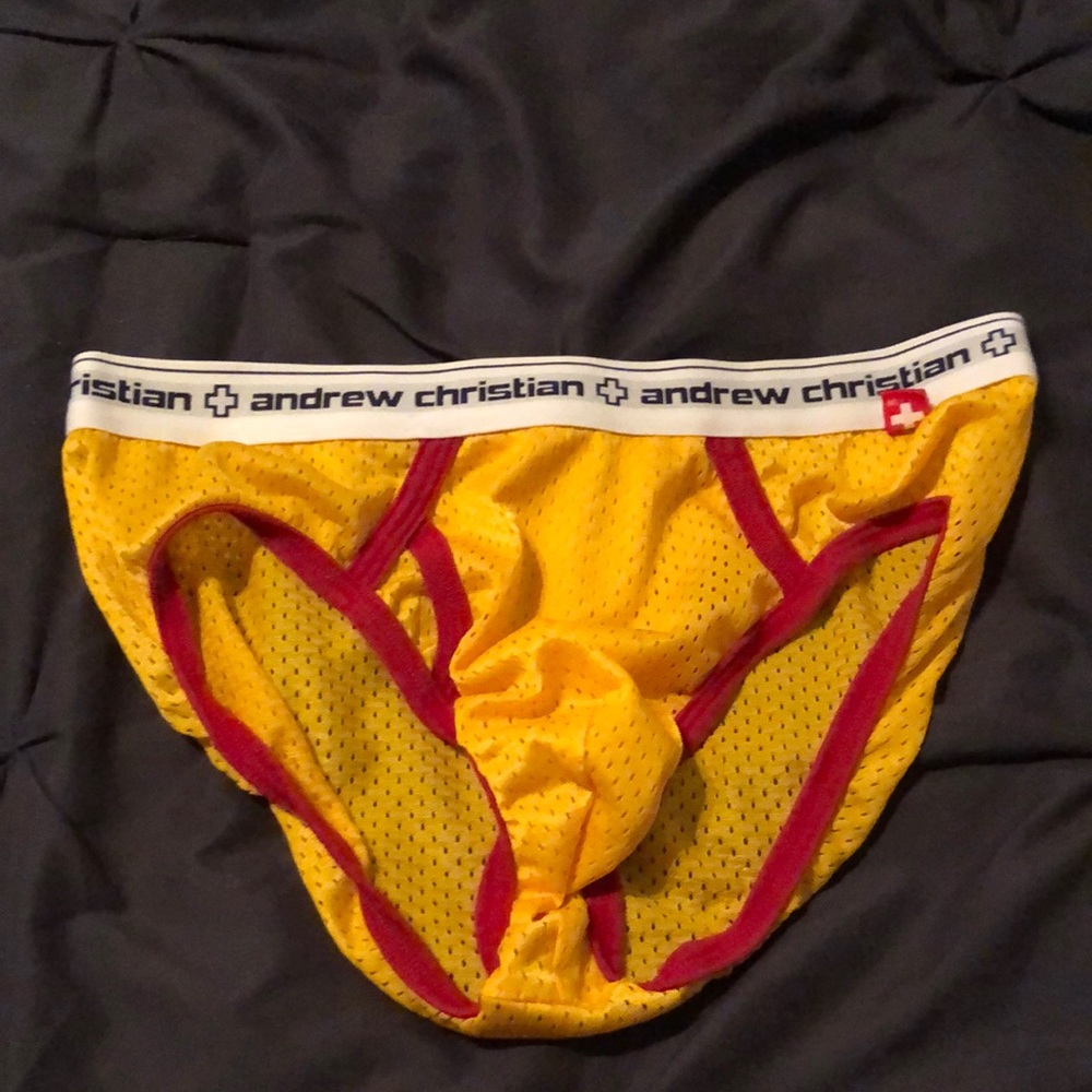 Yellow and red mesh Andrew Christian briefs.